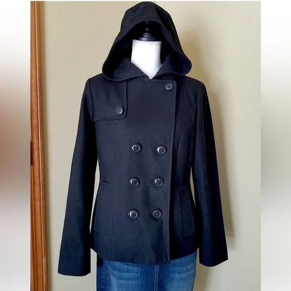 NAUTICA Black Hooded Wool Double Breasted Peacoat - Picture 1 of 13